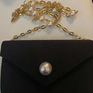 Elegant Black Clutch / Shoulder Bag, with Gold Chain and Pearl Embelishments